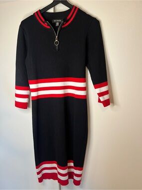 QED London Black Knit Dress with Red Stripe and Gold Zip